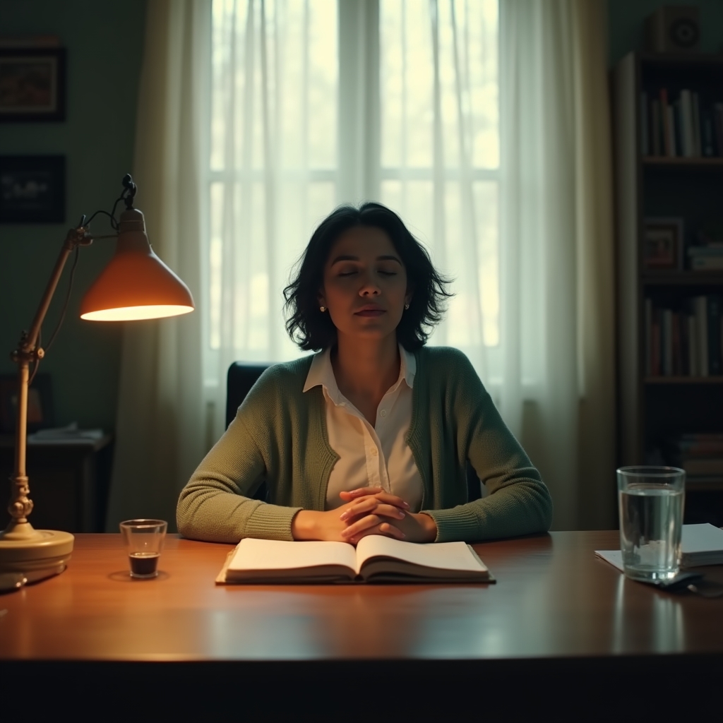 Person sitting calmly at a desk, working through financial documents with quiet focus