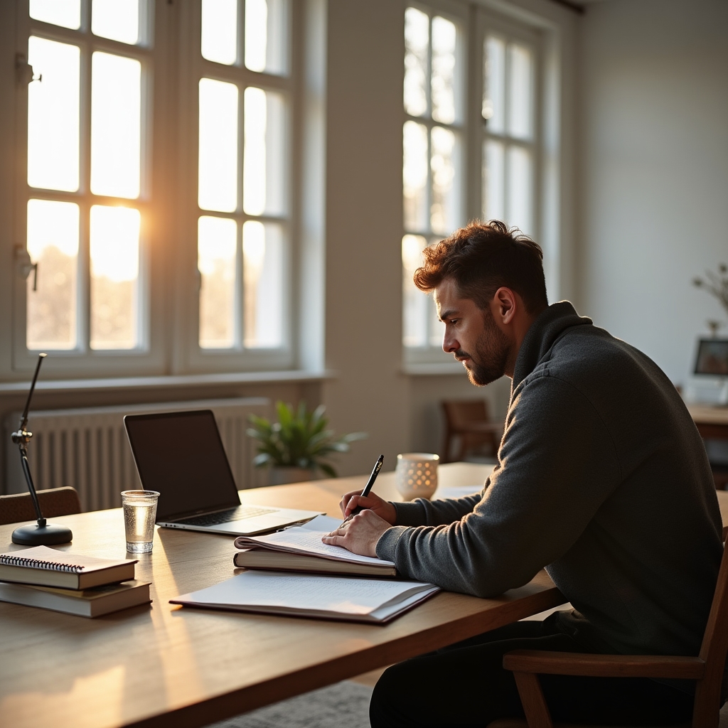 Person sitting alone at a bright desk studying with a notebook open, calm concentrated expression, warm afternoon light