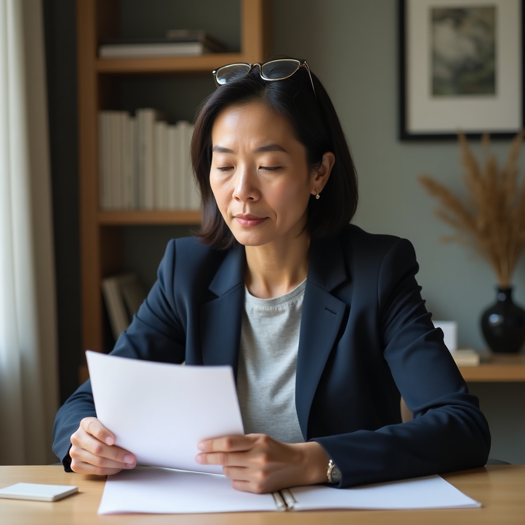 Woman in her forties reviewing financial documents at a desk, calm expression of focused concentration