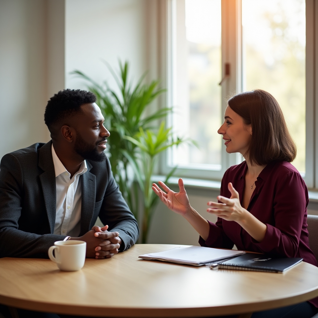 Two professionals in a thoughtful discussion at a table with natural light, collaborative and focused atmosphere